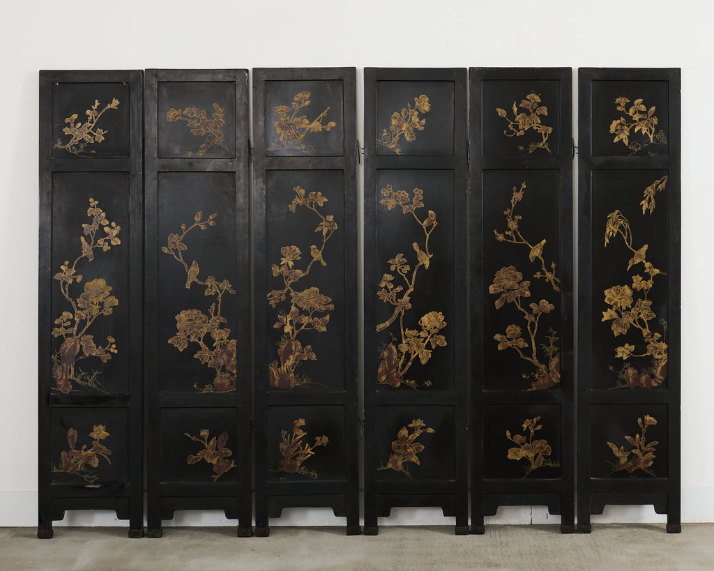 Chinese Six-Panel Carved Hardstone Lacquered Coromandel Screen