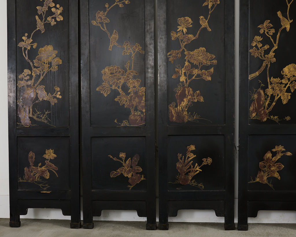 Chinese Six-Panel Carved Hardstone Lacquered Coromandel Screen