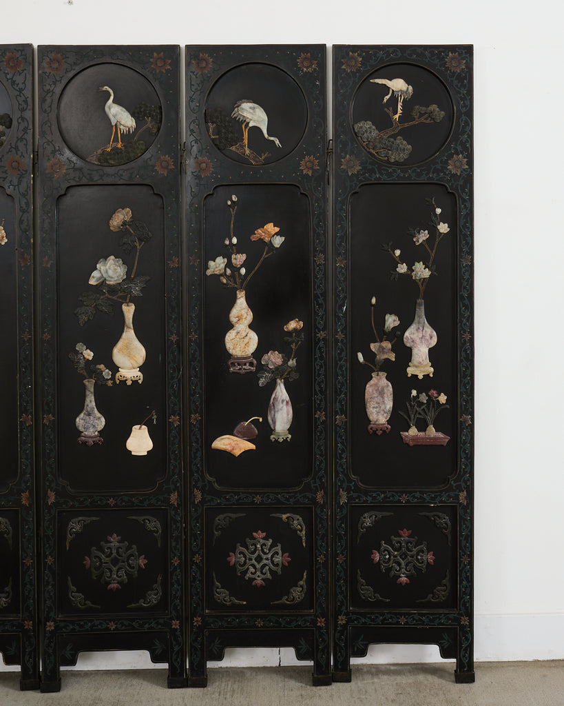 Chinese Six-Panel Carved Hardstone Lacquered Coromandel Screen