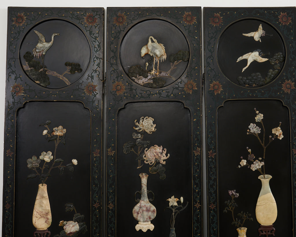 Chinese Six-Panel Carved Hardstone Lacquered Coromandel Screen