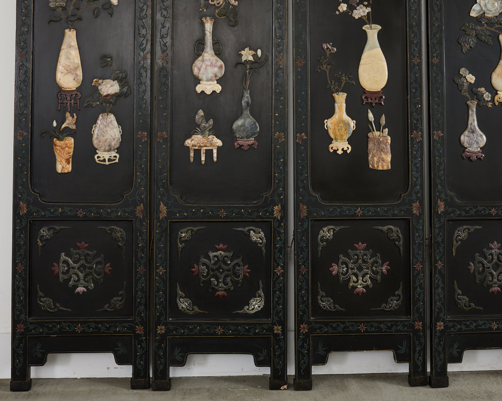 Chinese Six-Panel Carved Hardstone Lacquered Coromandel Screen