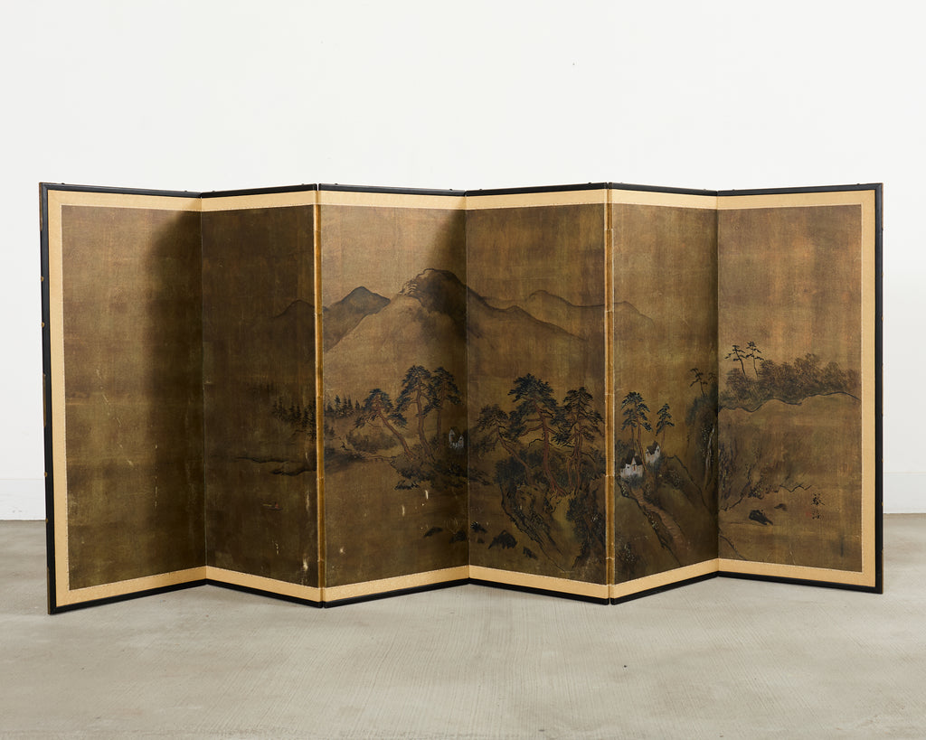 Japanese Showa Six Panel Screen Mountain Landscape