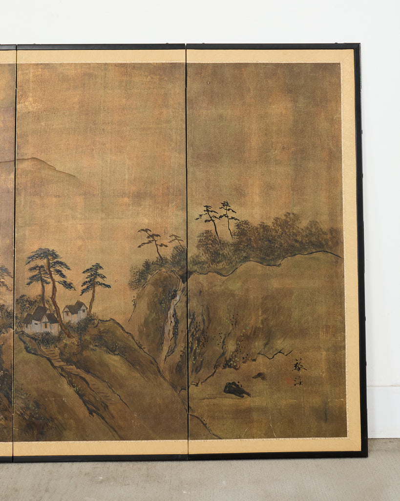 Japanese Showa Six Panel Screen Mountain Landscape