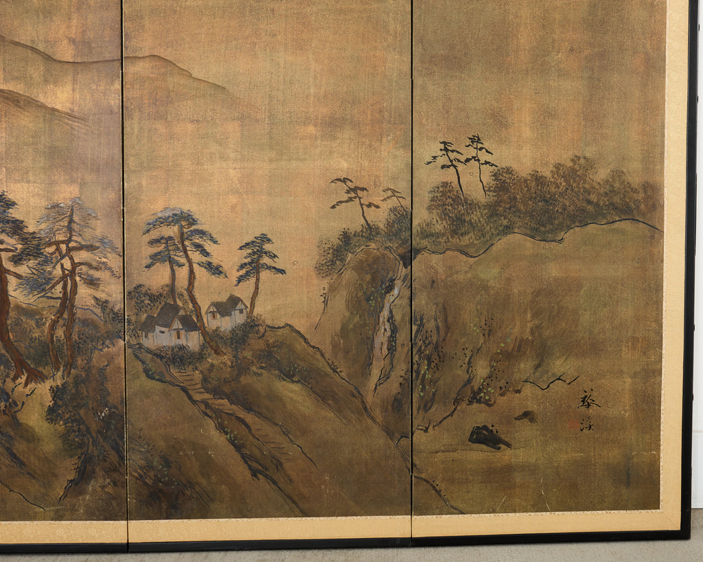 Japanese Showa Six Panel Screen Mountain Landscape