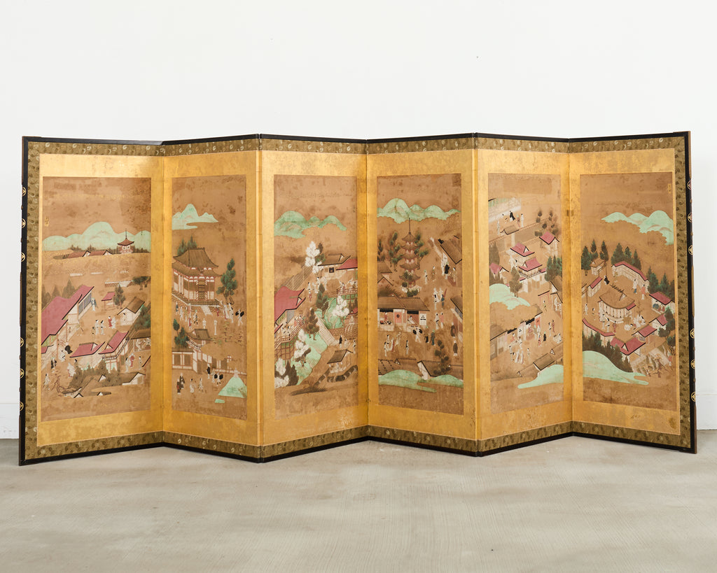 19th Century Japanese Edo Six Panel Screen Scenes of Kyoto