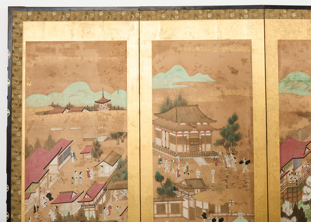 19th Century Japanese Edo Six Panel Screen Scenes of Kyoto