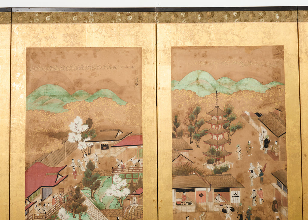 19th Century Japanese Edo Six Panel Screen Scenes of Kyoto