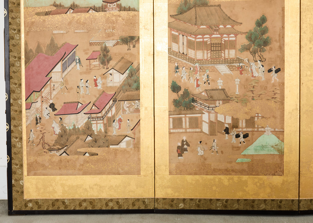 19th Century Japanese Edo Six Panel Screen Scenes of Kyoto