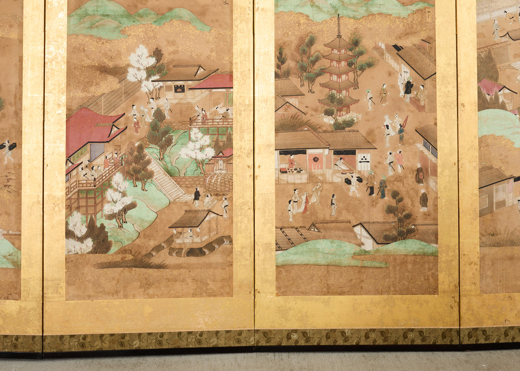 19th Century Japanese Edo Six Panel Screen Scenes of Kyoto