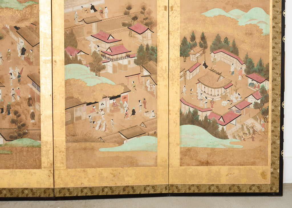 19th Century Japanese Edo Six Panel Screen Scenes of Kyoto