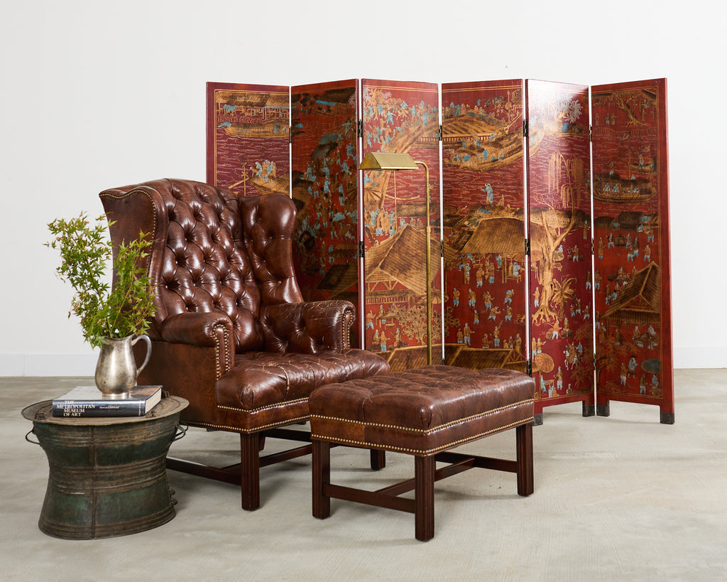 Georgian Style Tufted Cigar Leather Wingback Chair and Ottoman