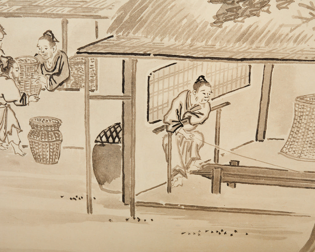 Japanese Meiji Eight Panel Screen Village Landscape with Figures