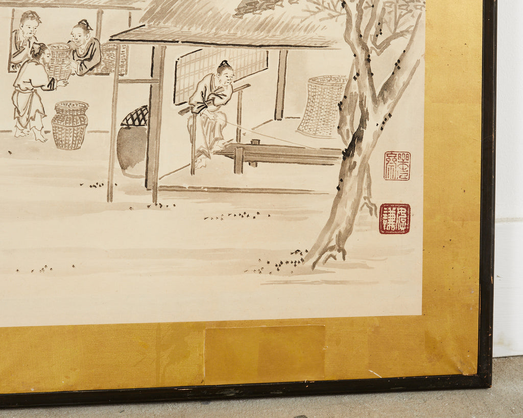 Japanese Meiji Eight Panel Screen Village Landscape with Figures