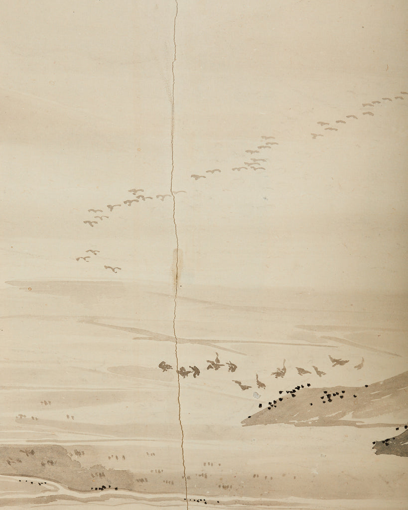 Japanese Meiji Eight Panel Screen Village Landscape with Figures