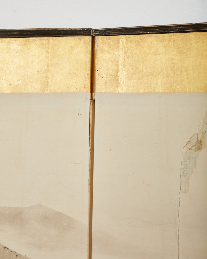 Japanese Meiji Eight Panel Screen Village Landscape with Figures