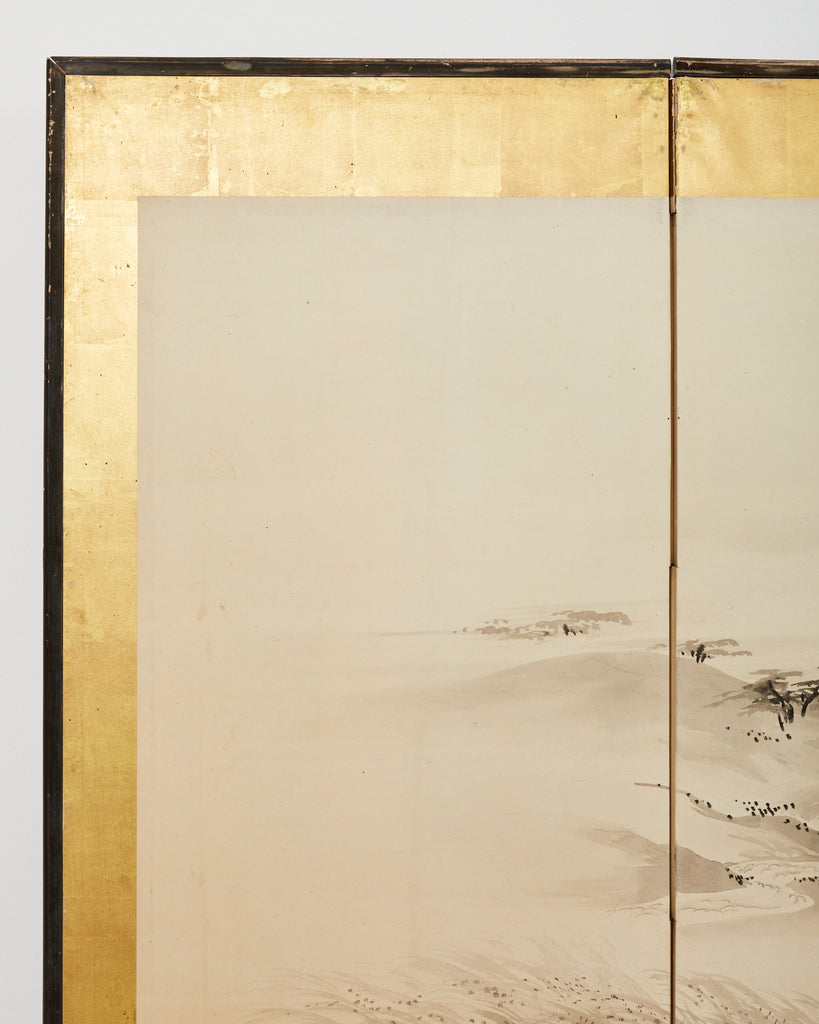 Japanese Meiji Eight Panel Screen Village Landscape with Figures