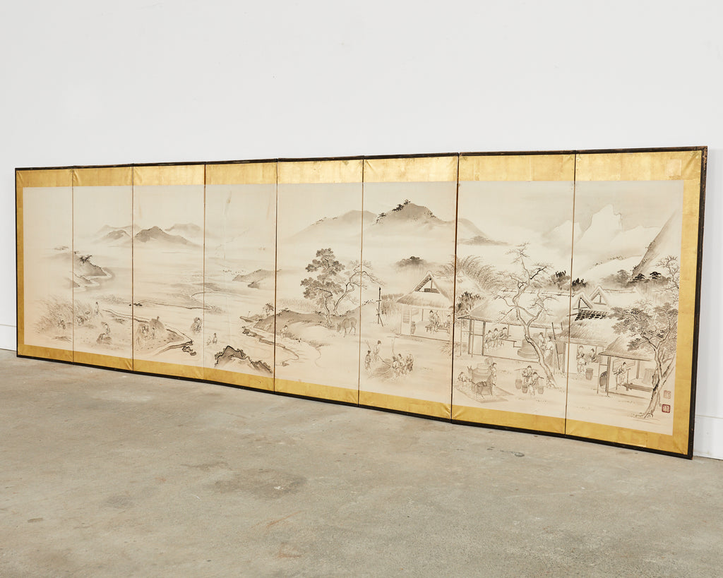 Japanese Meiji Eight Panel Screen Village Landscape with Figures