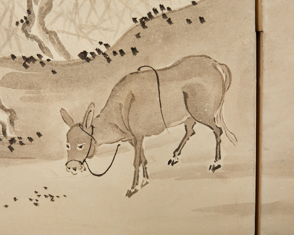 Japanese Meiji Eight Panel Screen Village Landscape with Figures