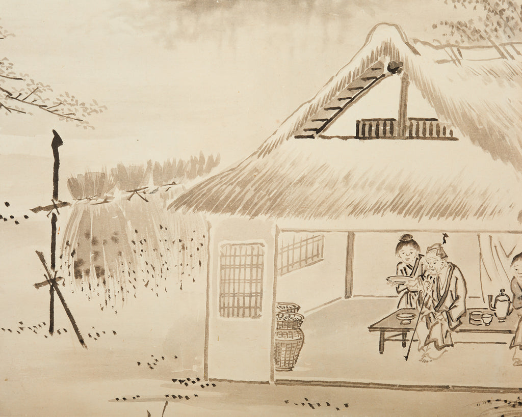 Japanese Meiji Eight Panel Screen Village Landscape with Figures