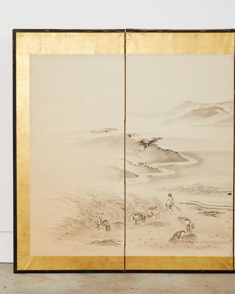 Japanese Meiji Eight Panel Screen Village Landscape with Figures