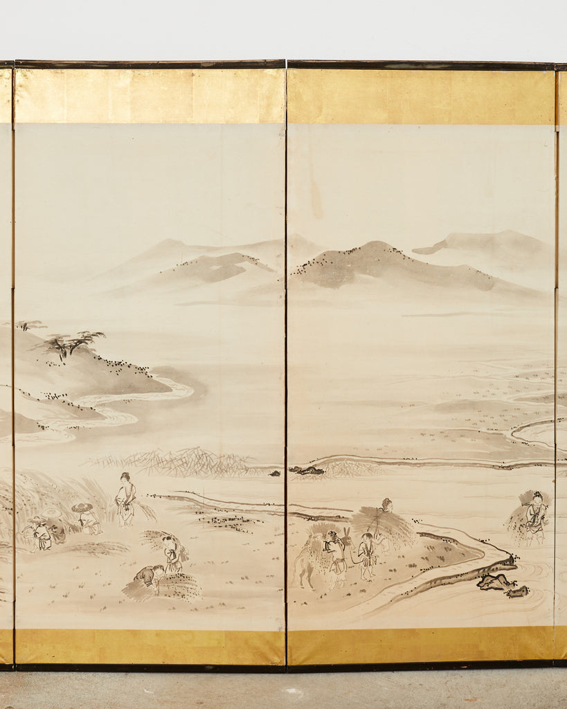 Japanese Meiji Eight Panel Screen Village Landscape with Figures