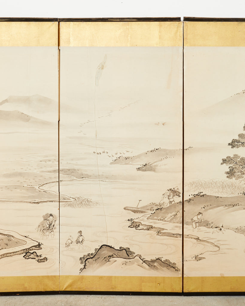 Japanese Meiji Eight Panel Screen Village Landscape with Figures