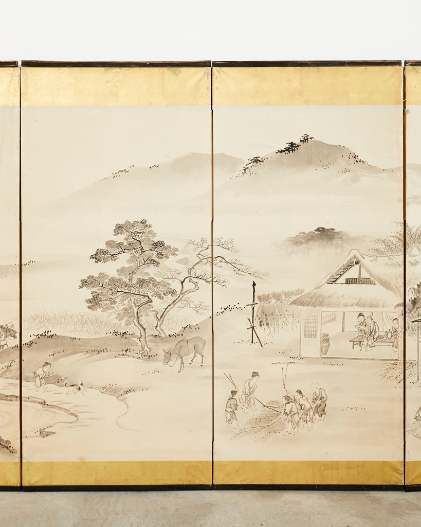 Japanese Meiji Eight Panel Screen Village Landscape with Figures
