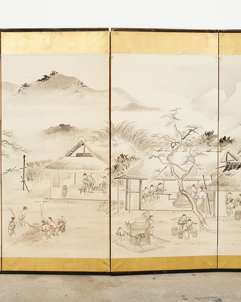 Japanese Meiji Eight Panel Screen Village Landscape with Figures