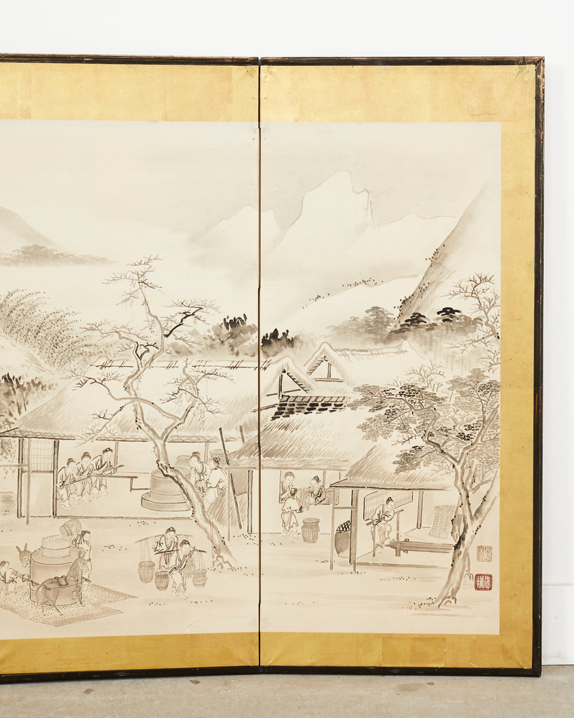 Japanese Meiji Eight Panel Screen Village Landscape with Figures