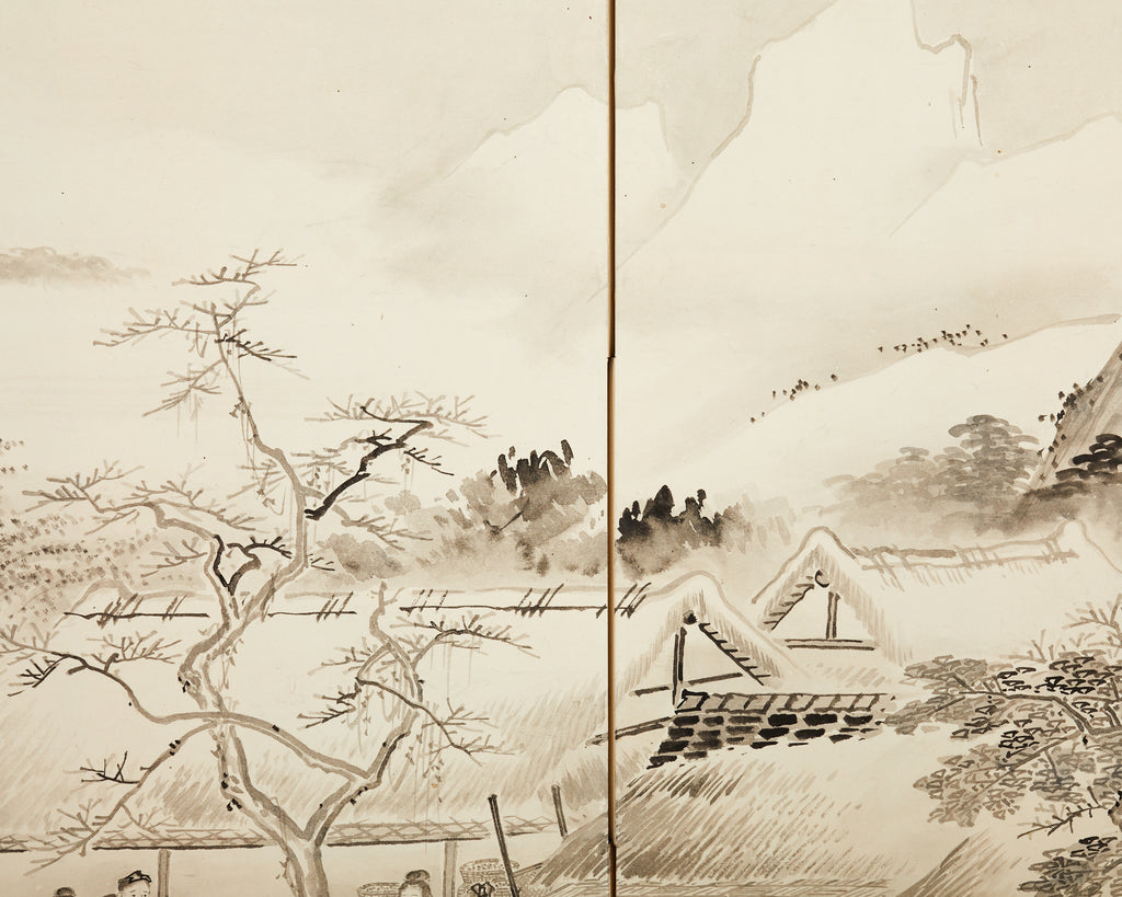 Japanese Meiji Eight Panel Screen Village Landscape with Figures