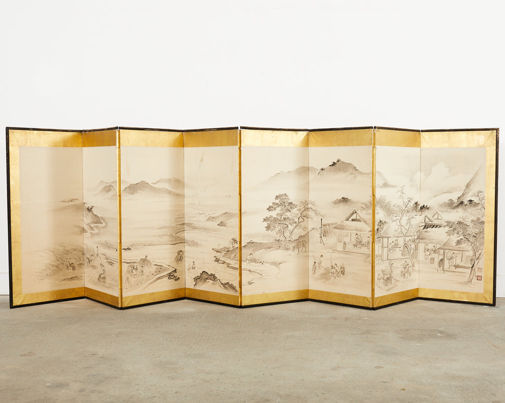 Japanese Meiji Eight Panel Screen Village Landscape with Figures
