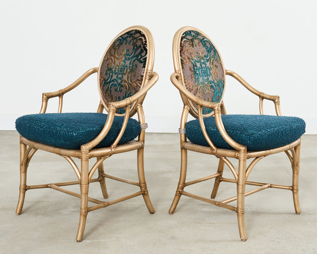 Set of Eight McGuire Gilt Rattan Caned Dining Chairs