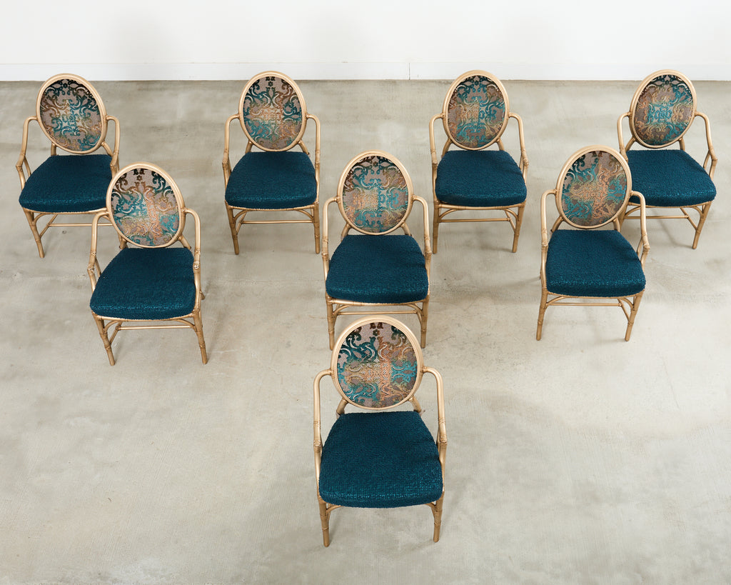 Set of Eight McGuire Gilt Rattan Caned Dining Chairs