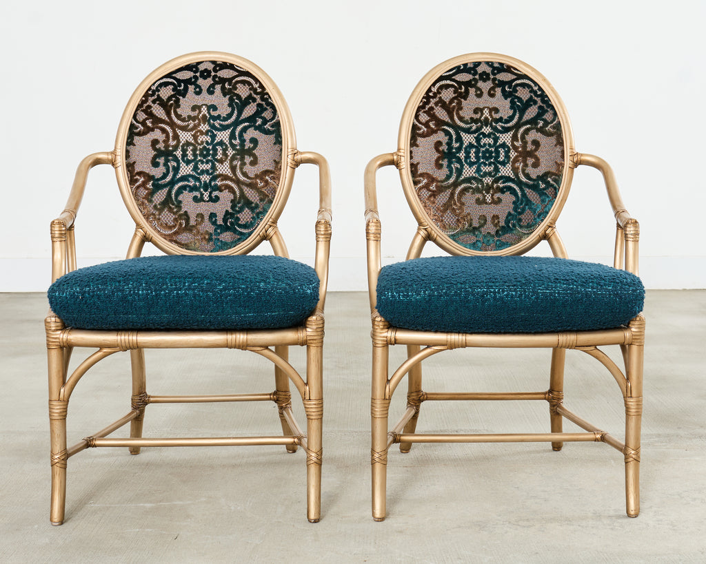 Set of Eight McGuire Gilt Rattan Caned Dining Chairs