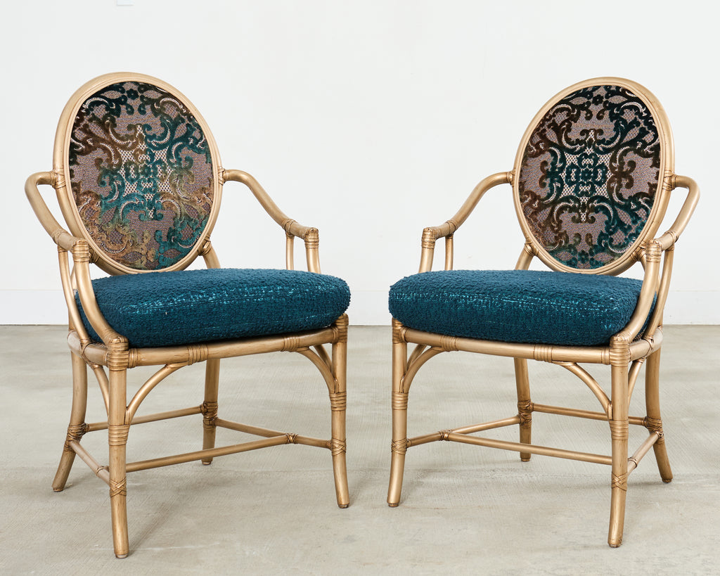 Set of Eight McGuire Gilt Rattan Caned Dining Chairs