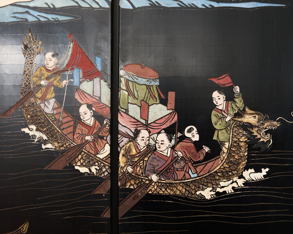 Chinese Export Eight Panel Coromandel Screen Blue Mountain Pavilion