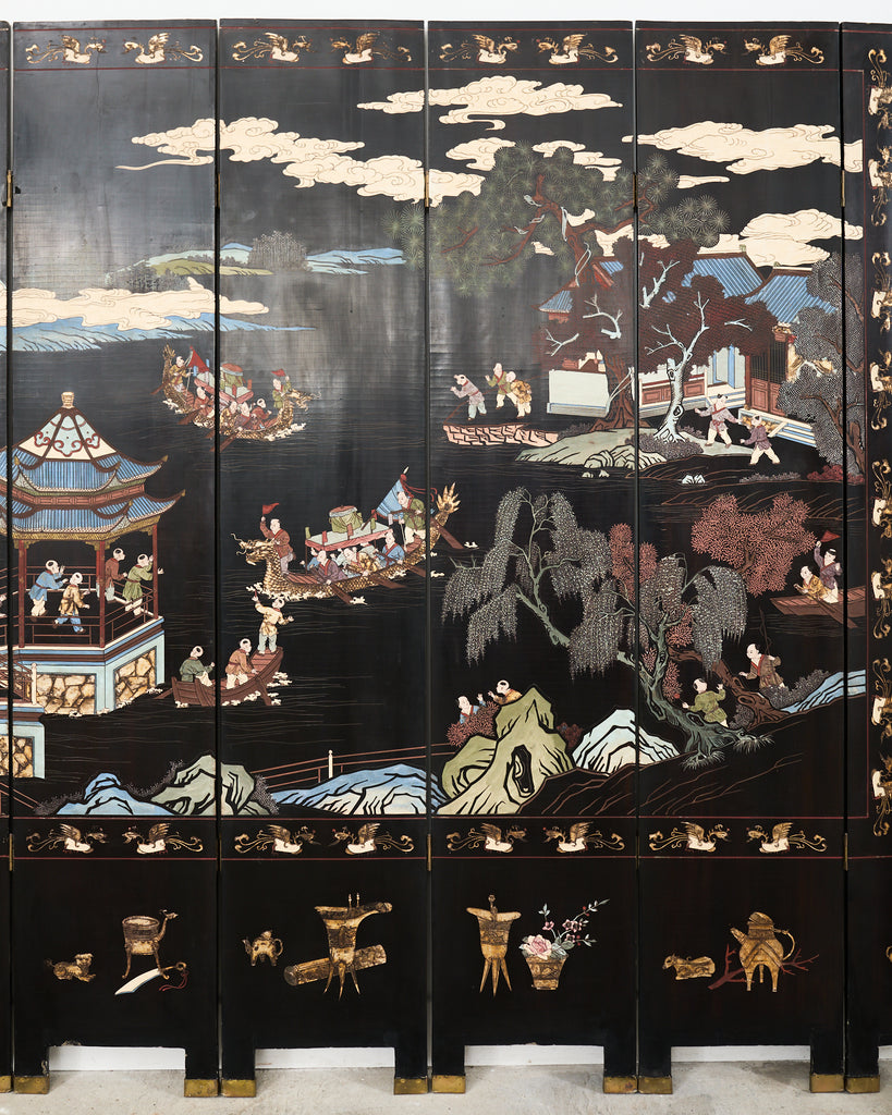 Chinese Export Eight Panel Coromandel Screen Blue Mountain Pavilion