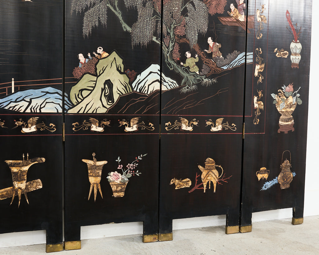 Chinese Export Eight Panel Coromandel Screen Blue Mountain Pavilion