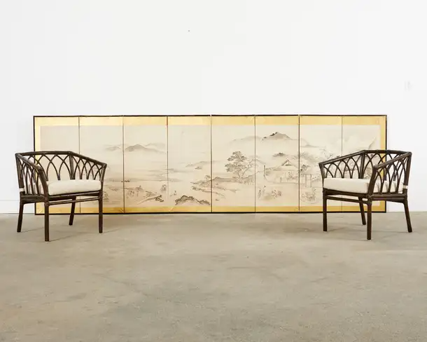 Japanese Meiji Eight Panel Screen Village Landscape with Figures