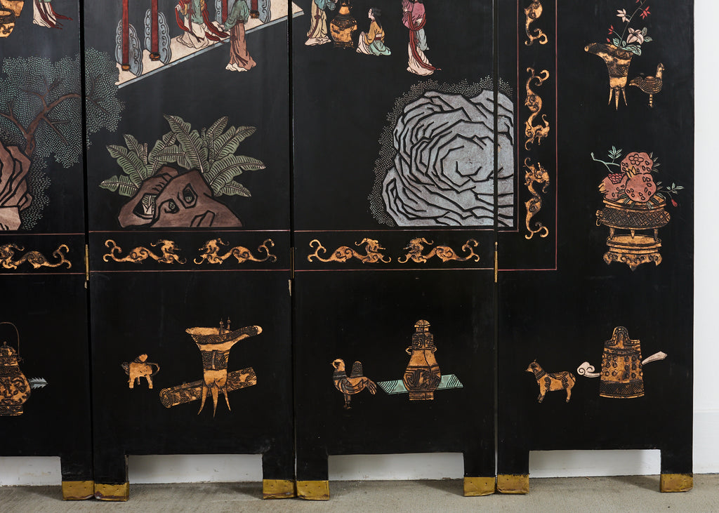 Chinese Export Eight Panel Coromandel Screen Pagoda Courtyard