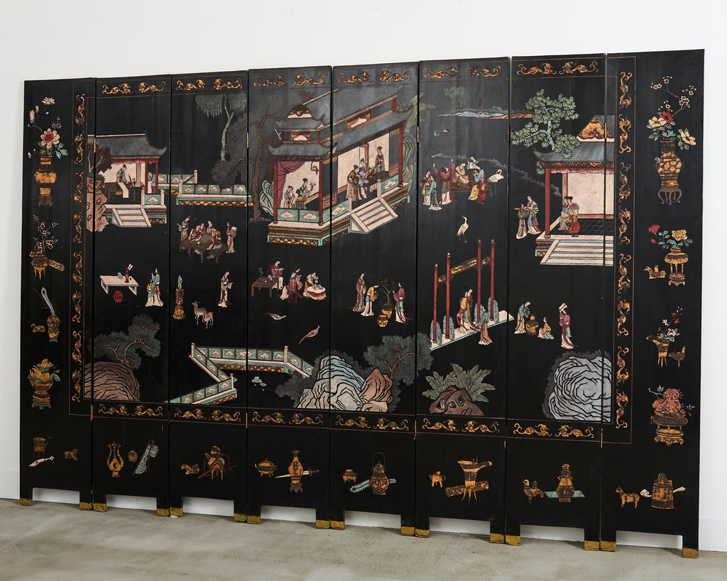 Chinese Export Eight Panel Coromandel Screen Pagoda Courtyard