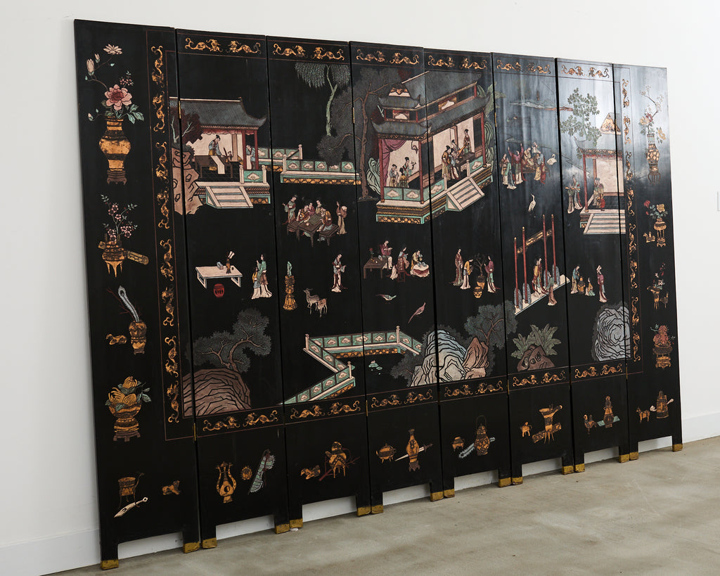 Chinese Export Eight Panel Coromandel Screen Pagoda Courtyard