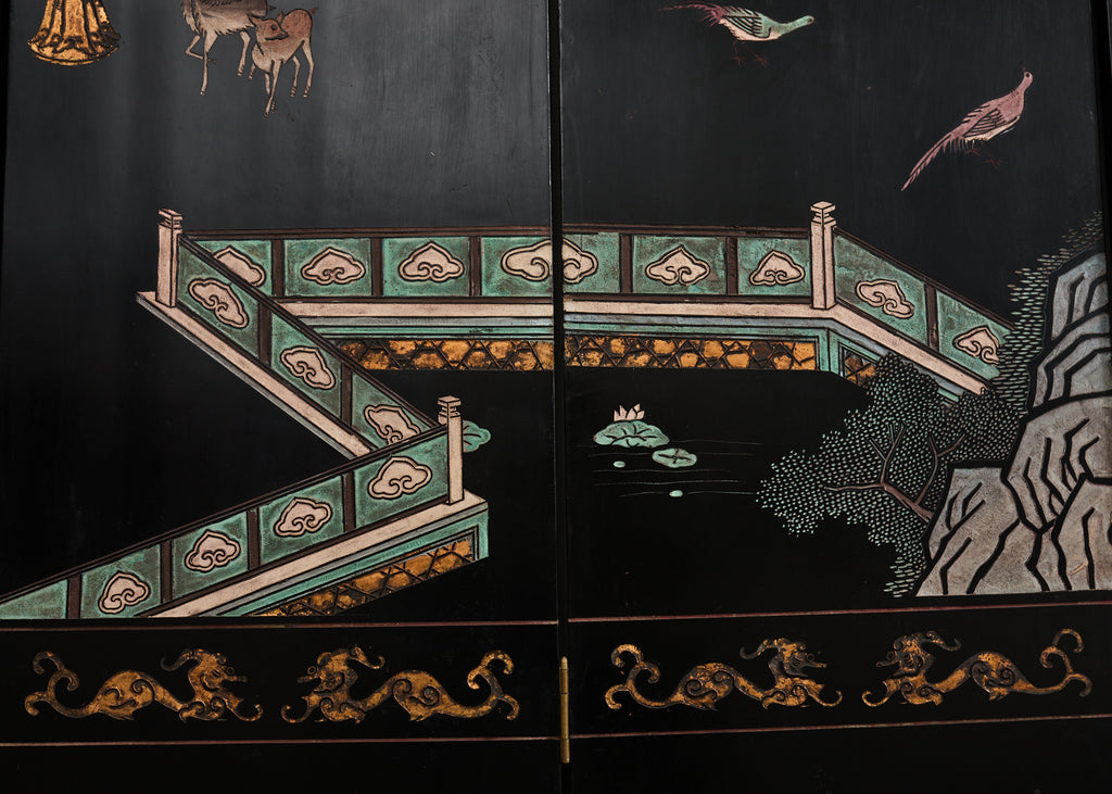 Chinese Export Eight Panel Coromandel Screen Pagoda Courtyard