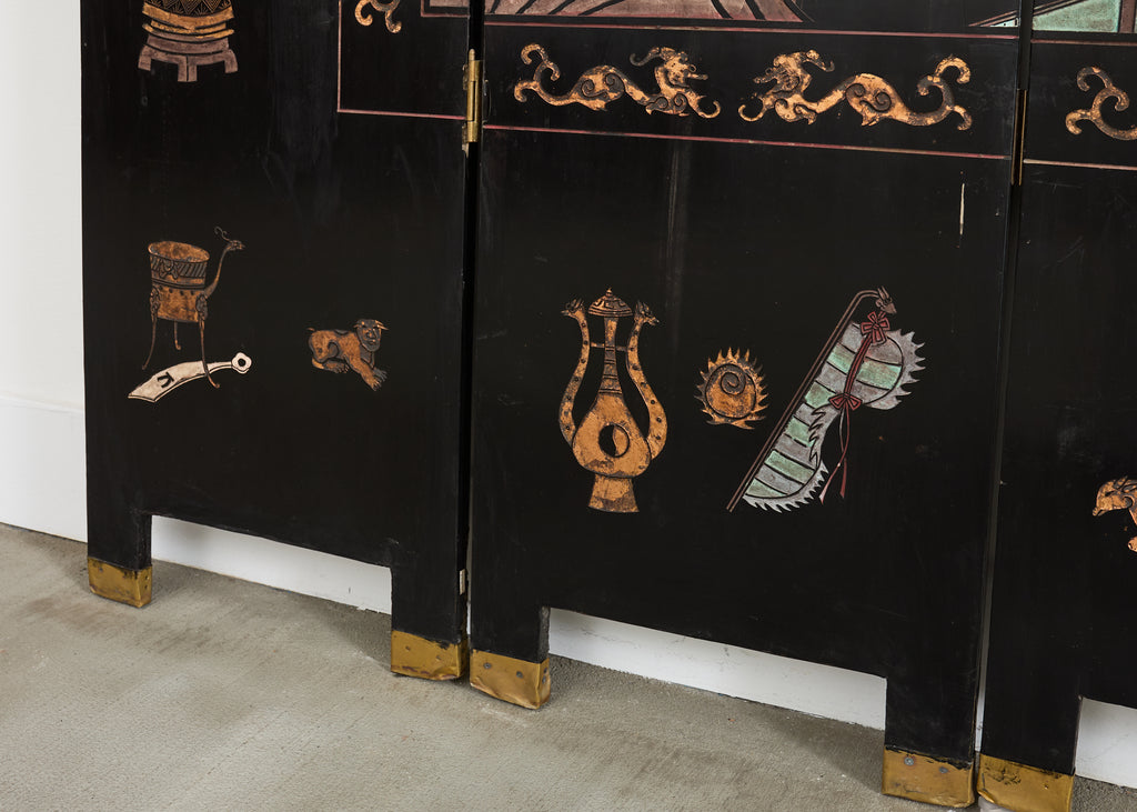 Chinese Export Eight Panel Coromandel Screen Pagoda Courtyard