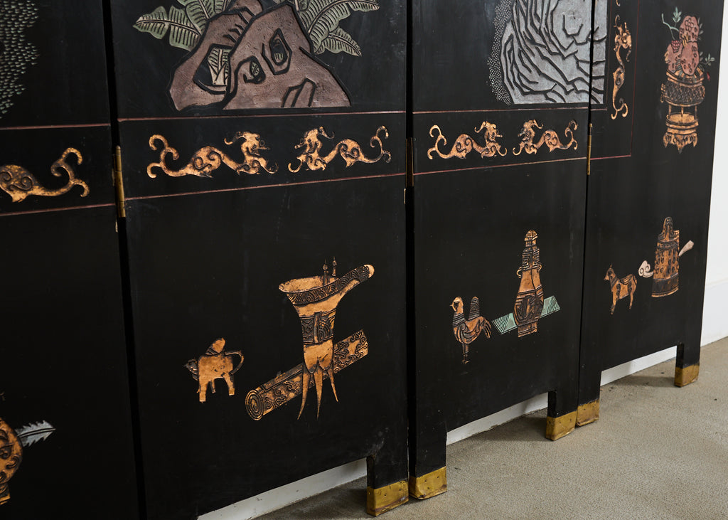 Chinese Export Eight Panel Coromandel Screen Pagoda Courtyard