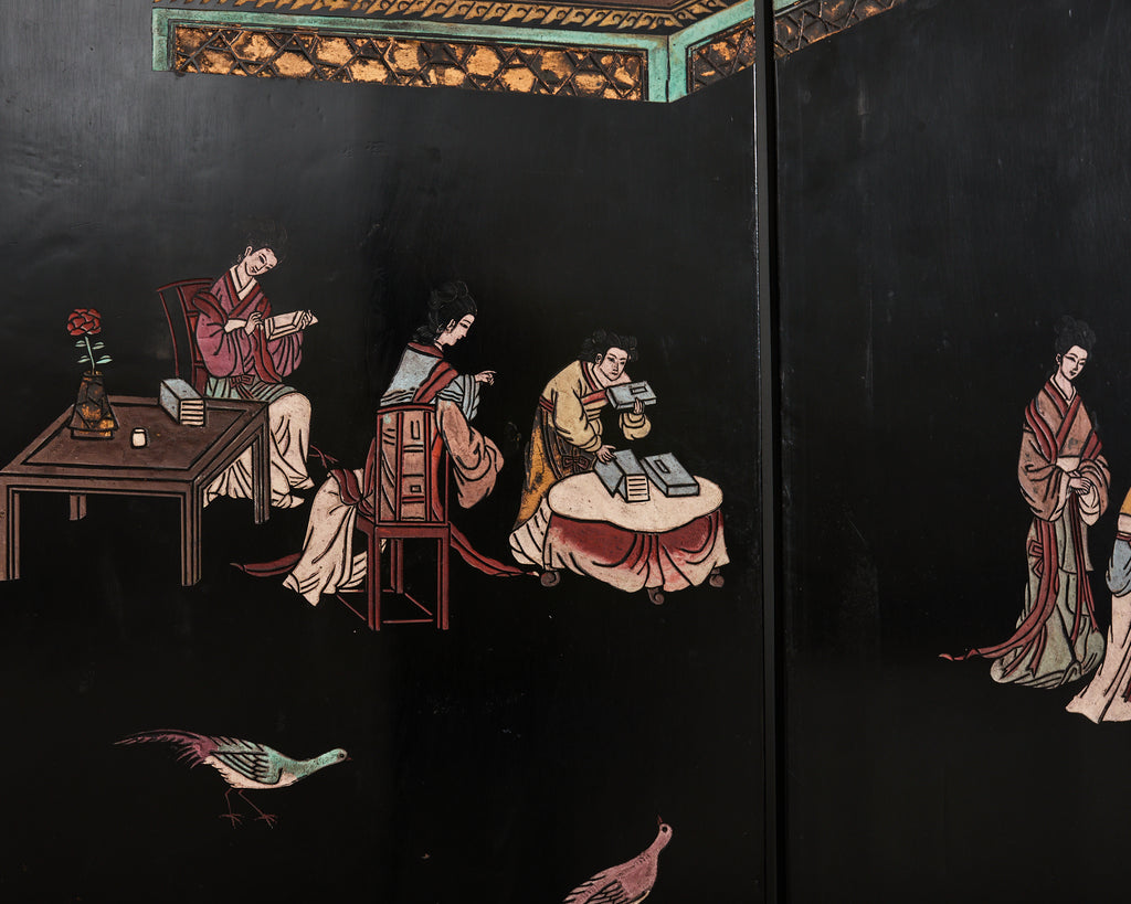 Chinese Export Eight Panel Coromandel Screen Pagoda Courtyard