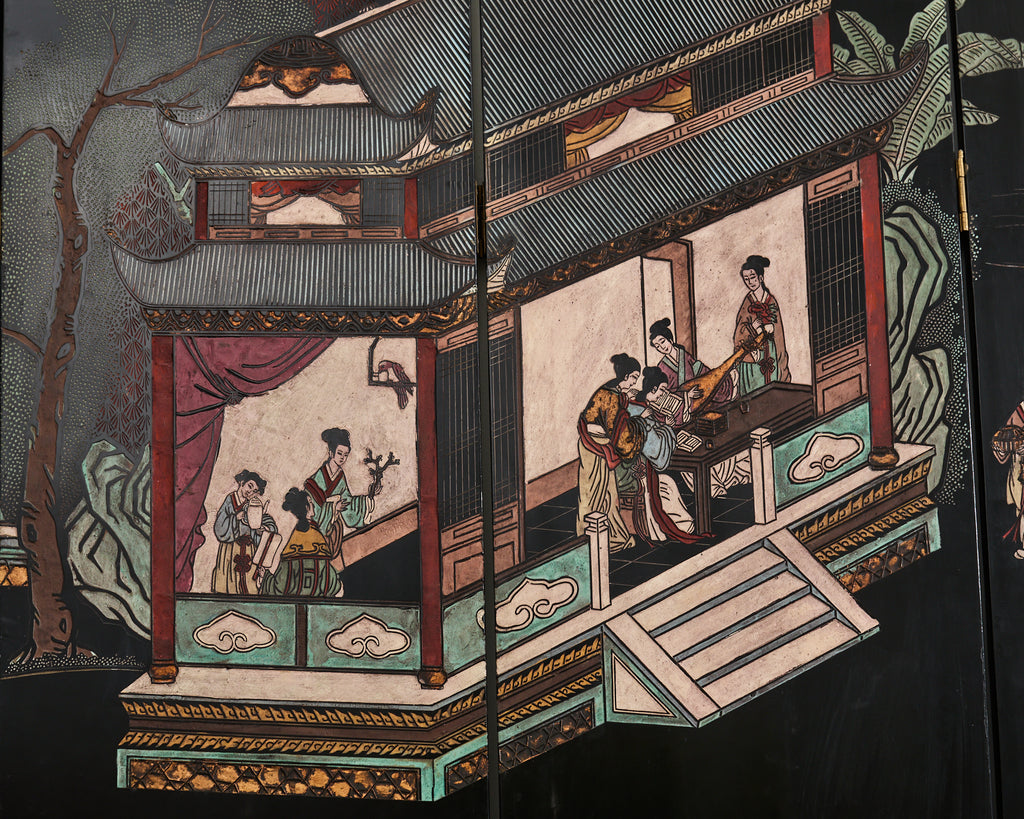 Chinese Export Eight Panel Coromandel Screen Pagoda Courtyard