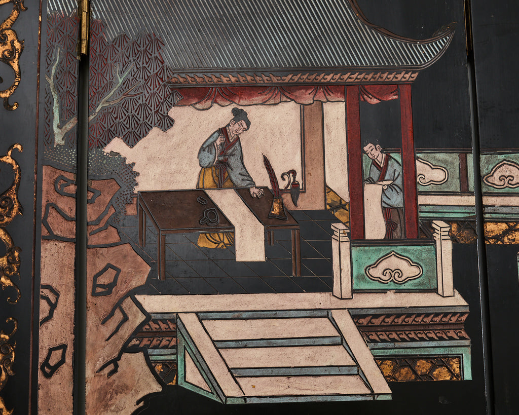 Chinese Export Eight Panel Coromandel Screen Pagoda Courtyard