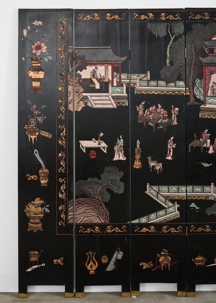 Chinese Export Eight Panel Coromandel Screen Pagoda Courtyard