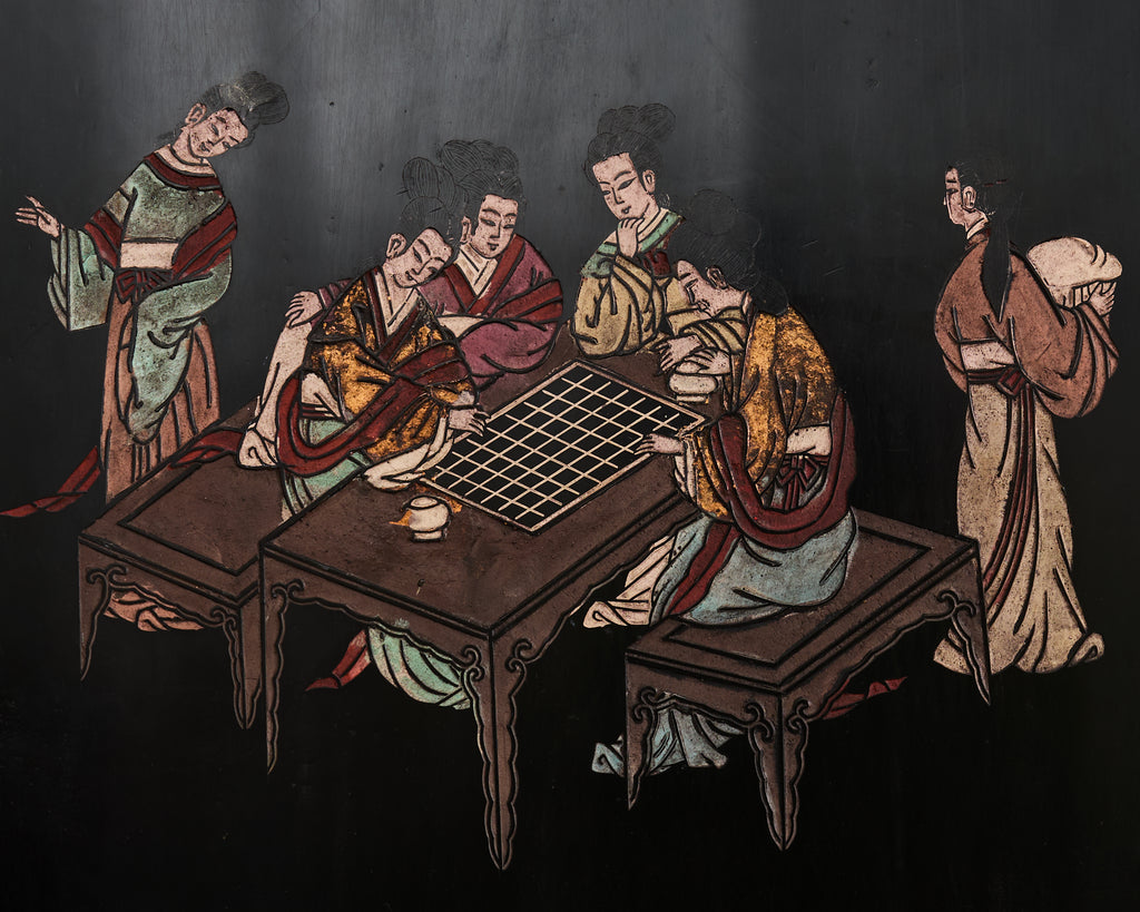 Chinese Export Eight Panel Coromandel Screen Pagoda Courtyard